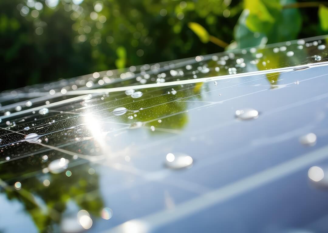 Close-up shot of clean solar panels with morning dew.